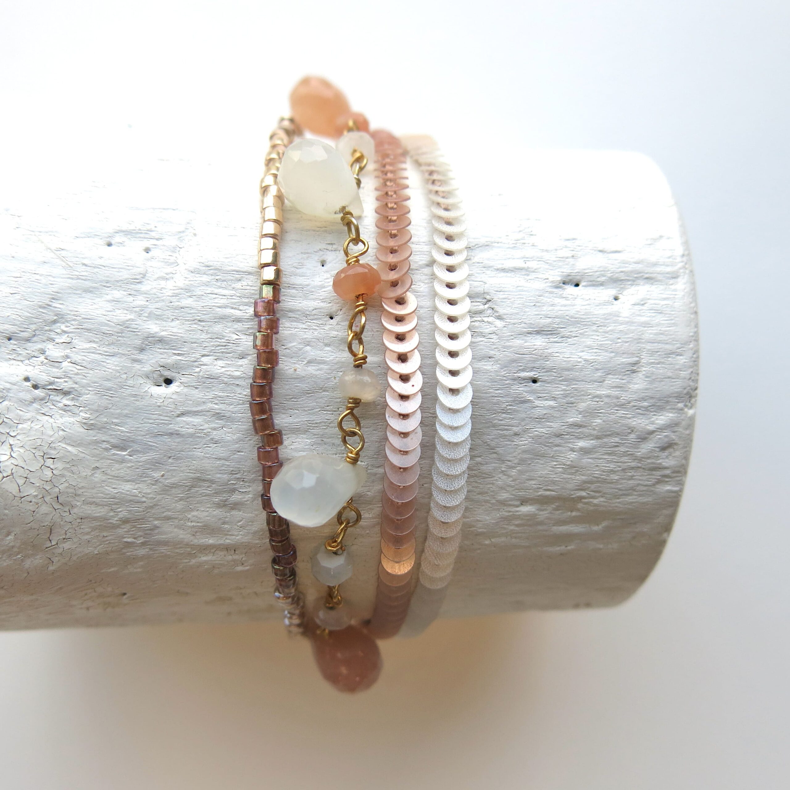 Kombi Armband Echtstein 'NESSY Lux' - Mondstein natur-1 Gehäkeltes Armband mit natürlichem Mondstein Edelsteinkettchen – Bild 1
